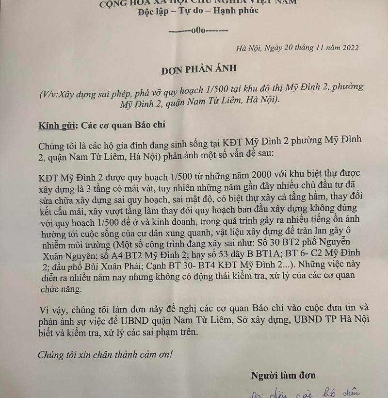 Đơn phản ánh của các hộ dân KĐT Mỹ Đình 2 (phường Mỹ Đình 2) về việc tố cáo sai phạm về trật tự xây dựng tại địa phương. Đơn phản ánh của các hộ dân KĐT Mỹ Đình 2 (phường Mỹ Đình 2) về việc tố cáo sai phạm về trật tự xây dựng tại địa phương.