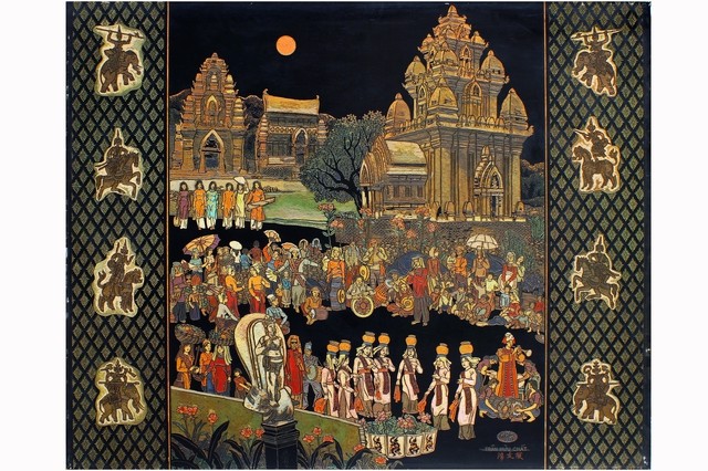 Tác phẩm Dưới Tháp Chàm của tác giả Trần Hữu Chất, thể loại Sơn khắc, sáng tác năm 1987 Tác phẩm Dưới Tháp Chàm của tác giả Trần Hữu Chất, thể loại Sơn khắc, sáng tác năm 1987