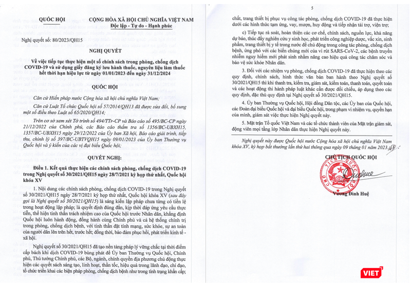 Nghị quyết dài 5 trang, nêu rõ, các chính sách trong phòng, chống dịch Covid-19 sẽ được tiếp tục thực hiện từ ngày 1/1/2023 đến hết ngày 31/12/2023 (Ảnh chụp trang 1 và trang 5). Nghị quyết dài 5 trang, nêu rõ, các chính sách trong phòng, chống dịch Covid-19 sẽ được tiếp tục thực hiện từ ngày 1/1/2023 đến hết ngày 31/12/2023 (Ảnh chụp trang 1 và trang 5).