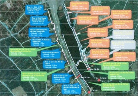 Hình 1. Chiều dài và cao trình điều tra của các tuyến đê/bờ bao cần nâng cao về hạ lưu hai cống Cái Lớn, Cái Bé. Nguồn: Viện Quy hoạch Thủy lợi Miền Nam.