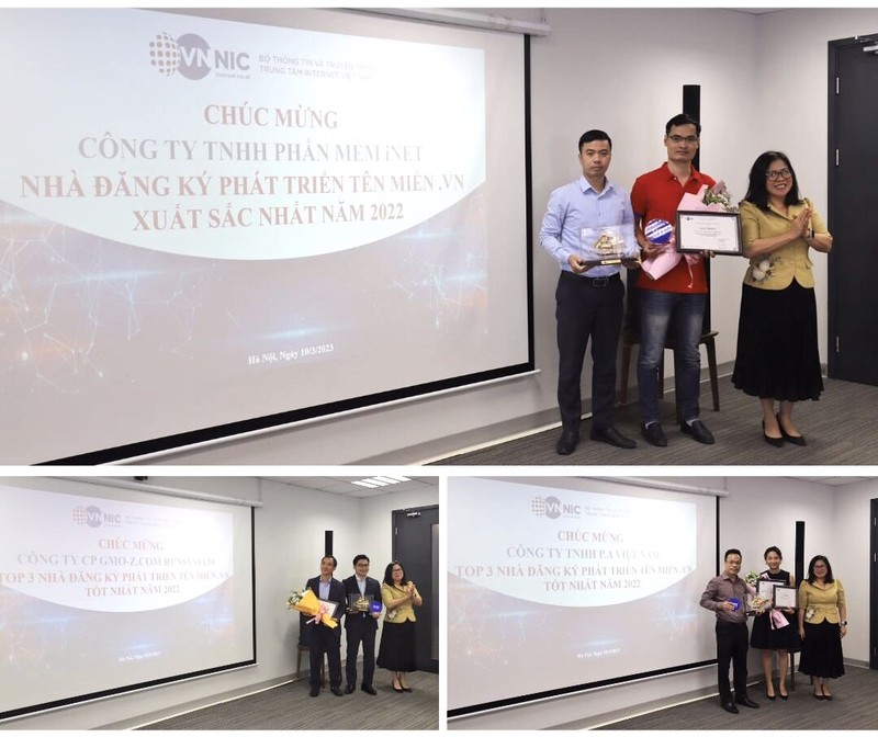 VNNIC trao Giấy khen cho các Nhà đăng ký có thành tích nổi bật là công ty TNHH Phần mềm iNET, công ty TNHH P.A Việt Nam và công ty Cổ phần GMO-Z.com RUNSYSTEM. VNNIC trao Giấy khen cho các Nhà đăng ký có thành tích nổi bật là công ty TNHH Phần mềm iNET, công ty TNHH P.A Việt Nam và công ty Cổ phần GMO-Z.com RUNSYSTEM.