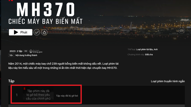 Dòng thông báo "Tập phim này đã được gỡ bỏ theo yêu cầu của Chính phủ" ở đường dẫn vào tập 1 của bộ phim 2 tập.