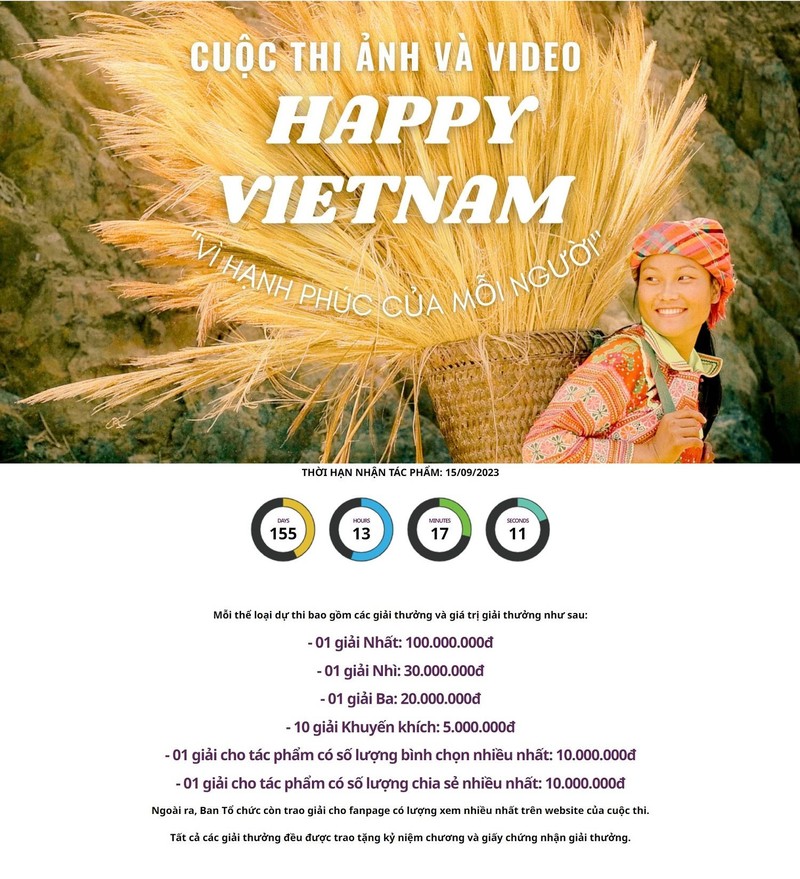 Cuộc thi “Happy Vietnam 2023” với chủ đề ”Vì hạnh phúc mỗi người” được tổ chức trên vietnam.vn. Cuộc thi “Happy Vietnam 2023” với chủ đề ”Vì hạnh phúc mỗi người” được tổ chức trên vietnam.vn.