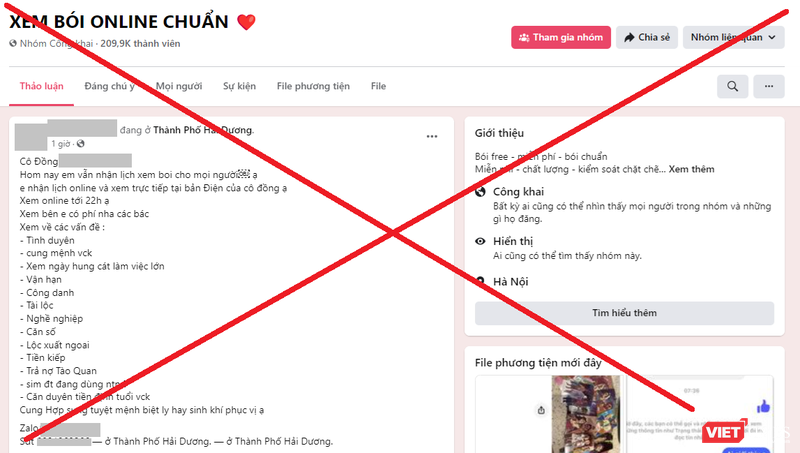 Nền tảng mạng xã hội như Facebook, Tiktok hay các website đã vô tình tiếp tay cho hoạt động mê tín dị đoan để trục lợi. Ảnh chụp màn hình một hội nhóm hơn 200 ngàn thành viên.