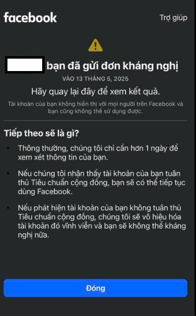 Chị Bảo Quỳnh ngay lập tức gửi kháng nghị yêu cầu Facebook xem xét lại hoạt động từ tài khoản cá nhân. facebook.jpg