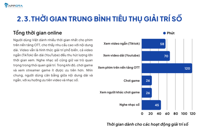 Thời gian trung bình tiêu thụ các loại hình giải trí số của người Việt Nam. Ảnh chụp màn hình báo cáo. ap3.png
