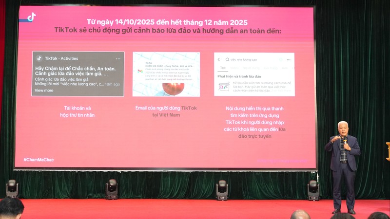 Ông Nguyễn Lâm Thanh, cho rằng mỗi giây chậm lại, tạo thói quan luôn kiểm chứng thông tin trước khi hành động là một “tấm khiên” giúp bạn an toàn hơn trong môi trường số. Ông Nguyễn Lâm Thanh, Đại diện TikTok Việt Nam chia sẻ về nỗ lực phòng chống lừa đảo trực tuyến của nền tảngJPG.jpg