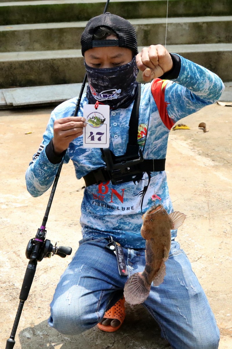 Bên này hồ, một cần thủ bắt được con cá lạ (không phải cá lóc). Anh ta hy vọng đoạt giải "cá lạ". Bên này hồ, một cần thủ bắt được con cá lạ (không phải cá lóc). Anh ta hy vọng đoạt giải "cá lạ".