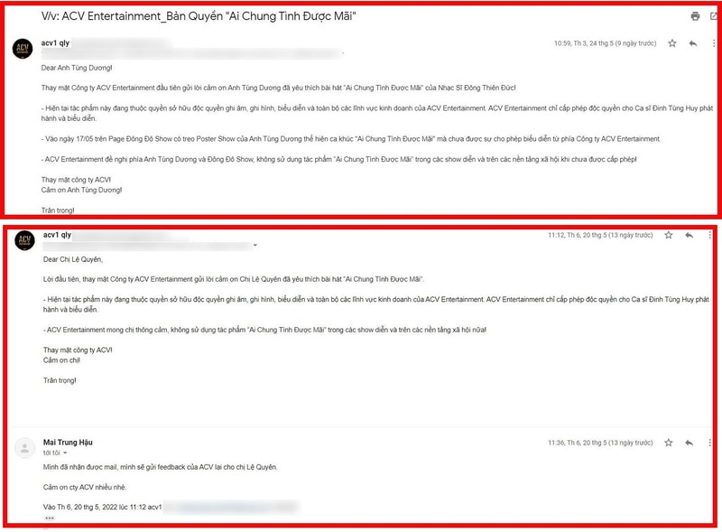 Phía công ty ACV Entertaiment đưa ra bằng chứng đã liên hệ với các nghệ sĩ sử dụng ca khúc này kèm với hợp đồng độc quyền chuyển nhượng sản phẩm âm nhạc