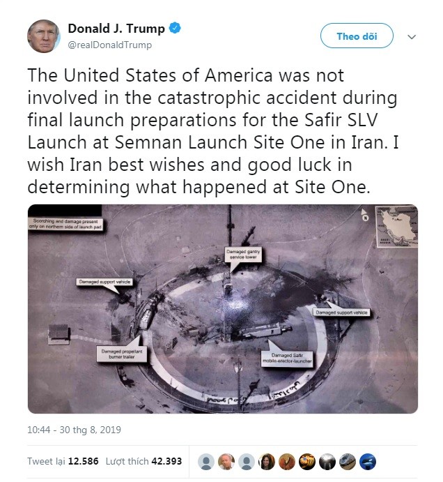 Bức ảnh mà ông Trump đăng tải trên Twitter cùng đoạn bình luận về vụ nổ tên lửa đẩy của Iran (Ảnh: Twitter) Bức ảnh mà ông Trump đăng tải trên Twitter cùng đoạn bình luận về vụ nổ tên lửa đẩy của Iran (Ảnh: Twitter)