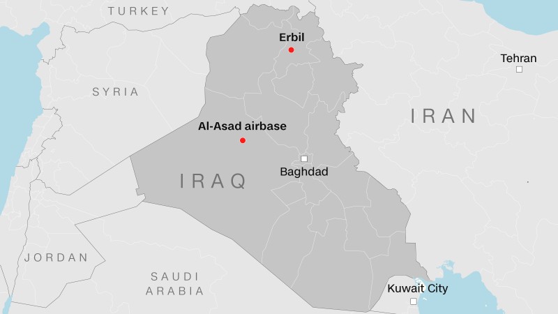 2 căn cứ quân sự tại Iraq bị Iran tấn công trong hôm 8/1 (Ảnh: CNN) 2 căn cứ quân sự tại Iraq bị Iran tấn công trong hôm 8/1 (Ảnh: CNN)