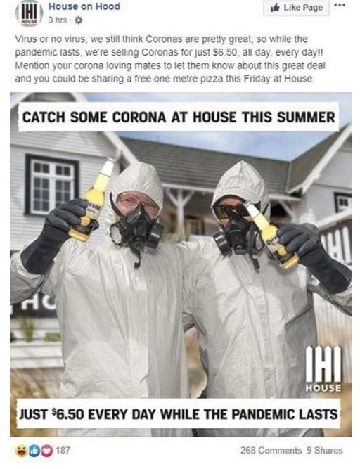 “Corona beer virus” trở thành từ khóa “hot” giữa lúc virus corona chủng mới lan rộng: Nhầm lẫn tai hại hay cố tình? ảnh 2 Một quán bar ở New Zealand lợi dụng dịch bệnh để tiếp thị bia corona (Ảnh: Facebook)