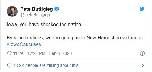 Ông Buttigieg tự nhận chiến thắng ở Iowa (Ảnh: Twitter)