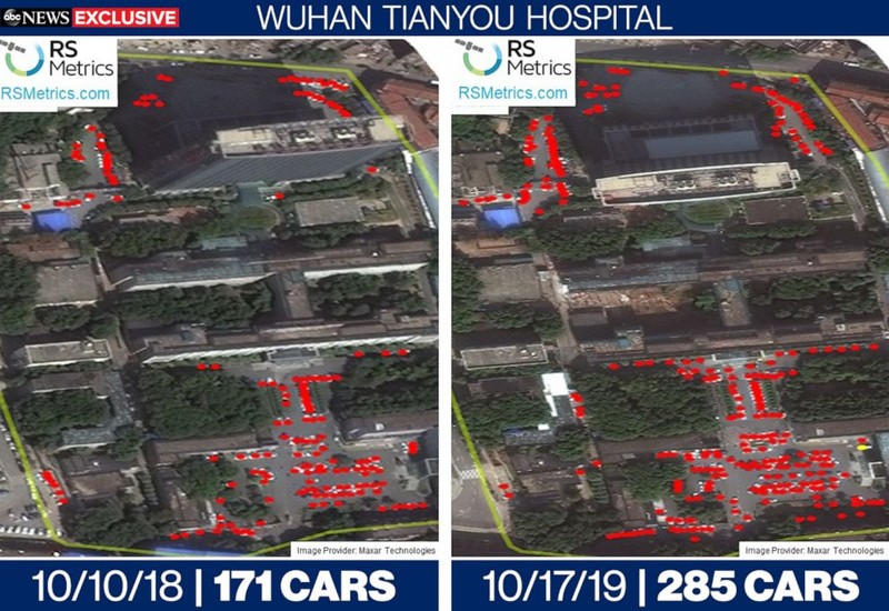 Lưu lượng xe tại Bệnh viện Tianyou, Vũ Hán vào trung tuần tháng 10 các năm 2018 và 2019 (Ảnh: ABC News) Lưu lượng xe tại Bệnh viện Tianyou, Vũ Hán vào trung tuần tháng 10 các năm 2018 và 2019 (Ảnh: ABC News)