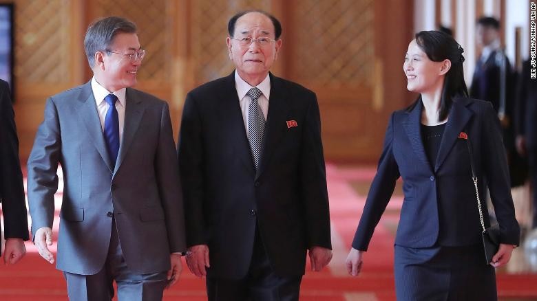 Ông Moon Jae-in, ông Kim Yong Nam và bà Kim Yo Jong tại buổi tiếp đón tại Nhà Xanh ngày 10/2/2018 (Ảnh: CNN) Ông Moon Jae-in, ông Kim Yong Nam và bà Kim Yo Jong tại buổi tiếp đón tại Nhà Xanh ngày 10/2/2018 (Ảnh: CNN)