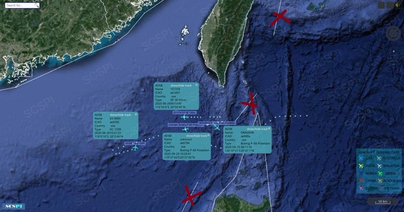 4 máy bay Mỹ xuất hiện ở Biển Đông sáng ngày 29/8 (Ảnh: SCSPI) Vị trí các tàu của Mỹ (Ảnh: SCSPI)