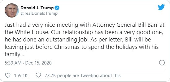 Ông Trump thông báo về việc ông Barr từ chức trên Twitter (Ảnh: Twitter) Ông Trump thông báo về việc ông Barr từ chức trên Twitter (Ảnh: Twitter)