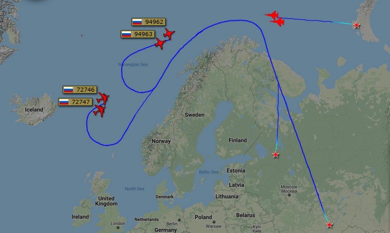 Đường bay của phi cơ Nga trên Đại Tây Dương và Biển Bắc hôm 29/3. Đồ họa: Twitter/galandecZP. Đường bay của phi cơ Nga trên Đại Tây Dương và Biển Bắc hôm 29/3. Đồ họa: Twitter/galandecZP.