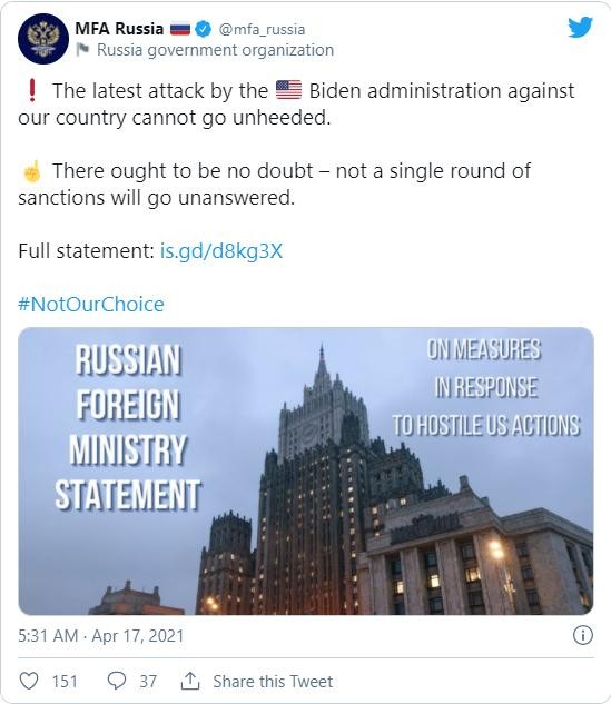 Tuyên bố của Bộ Ngoại giao Nga đăng trên Twitter (Ảnh: Twitter)