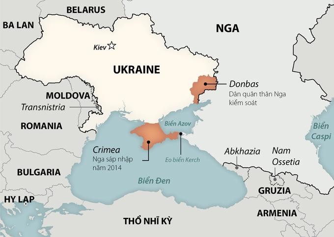 Bán đảo Crimea và khu vực Donbas ở miền đông Ukraine. Đồ họa: Washington Post. Bán đảo Crimea và khu vực Donbas ở miền đông Ukraine. Đồ họa: Washington Post.