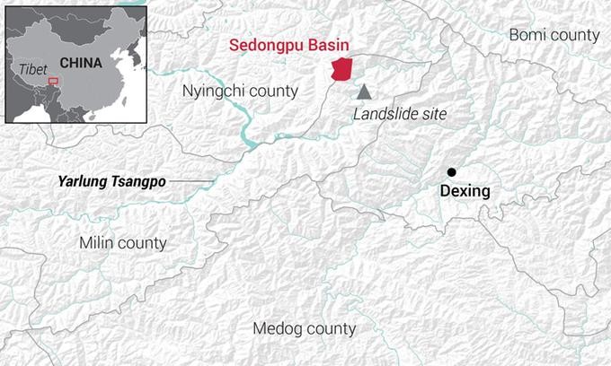 Hồ chứa tại lưu vực Sedongpu (màu đỏ) được hình thành sau vụ lở đất năm 2018. Đồ họa: SCMP.