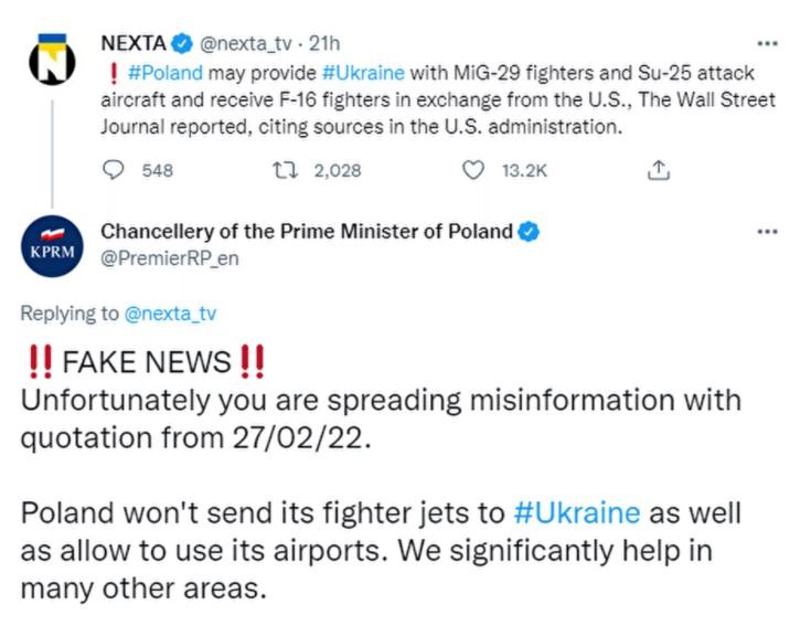 Ba Lan bác bỏ thông tin cho rằng họ triển khai chiến đấu cơ tới Ukraine (Ảnh: Twitter) Ba Lan bác bỏ thông tin cho rằng họ triển khai chiến đấu cơ tới Ukraine (Ảnh: Twitter)