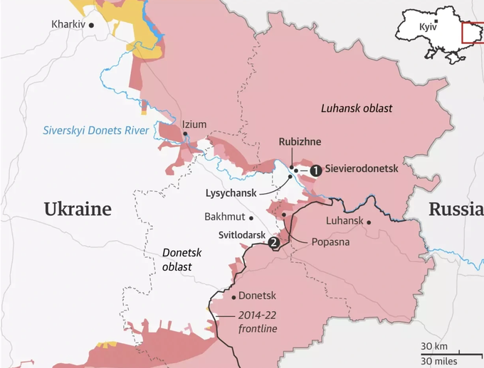 Severodonetsk và Lysychansk là hai thành phố chiến lược ở Lugansk, miền Đông Ukraine (Bản đồ: BBC). Severodonetsk và Lysychansk là hai thành phố chiến lược ở Lugansk, miền Đông Ukraine (Bản đồ: BBC).