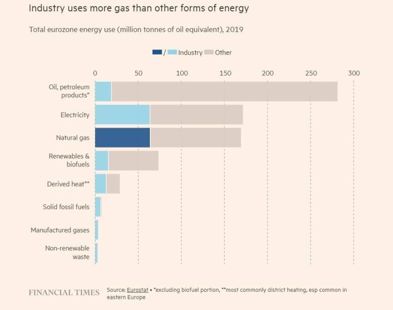Tổng lượng năng lượng tiêu thụ trong ngành công nghiệp của EU, tính theo triệu tấn, trong năm 2019 (Ảnh: FT) Tổng lượng năng lượng tiêu thụ trong ngành công nghiệp của EU, tính theo triệu tấn, trong năm 2019 (Ảnh: FT)