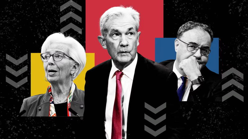 Bà Christine Lagarde, ông Jerome Powell và Andrew Bailey nằm trong số các thống đốc ngân hàng trung ương đang theo dõi các chỉ số chính sau khi ngừng nâng lãi suất (Ảnh: Bloomberg) 1.png