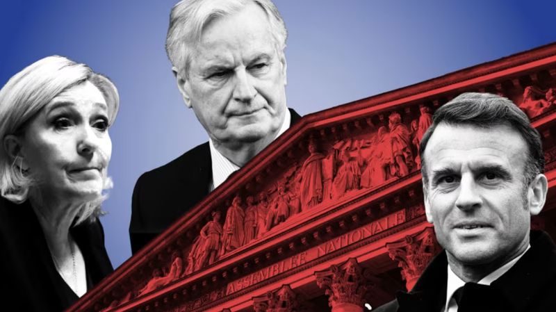 Bà Marine Le Pen, ông Michel Barnier và Tổng thống Pháp Emmanuel Macron. Ảnh: FT.