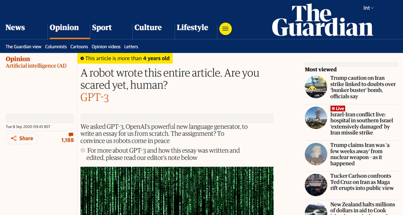 Bài viết do robot thực hiện được đăng tải trên website của tờ The Guardian. Ảnh: The Guardian. Bao chi the gioi 1.png
