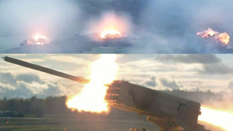 Đòn tấn công nhiệt áp của Nga vào Ukraine năm 2022 và bệ phóng tên lửa TOS-1A. Ảnh: MW. TOS-1A thiêu đốt Donbass Nga tung siêu vũ khí nhiệt áp, Ukraine tổn thất nặng 2.png