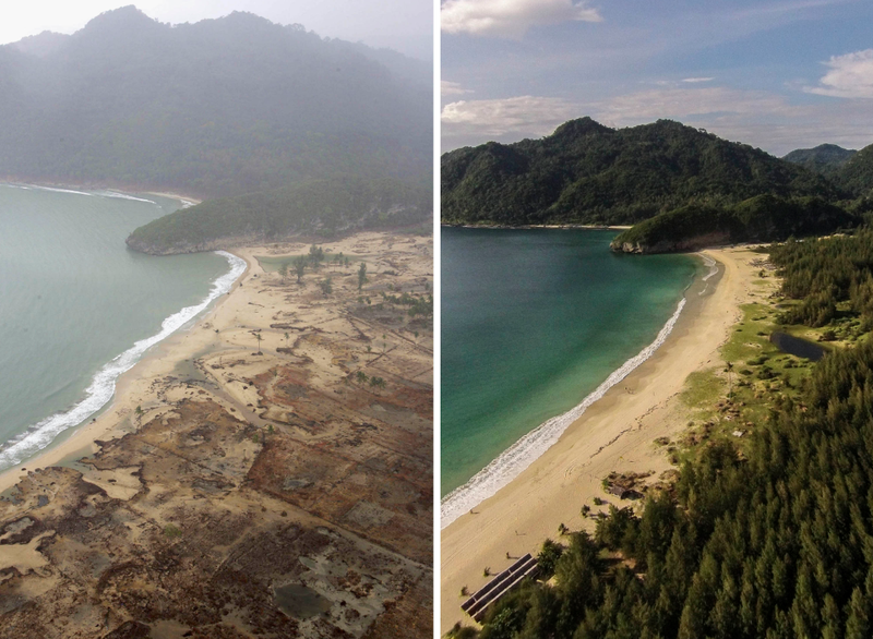 Hình ảnh tổng hợp so sánh đường bờ biển Aceh, Indonesia, năm 2004 (trái) sau khi bị sóng thần tàn phá và năm 2014 (phải). Ảnh: Getty. Giải mã sóng thần Kẻ hủy diệt thầm lặng đến từ biển sâu 2.png