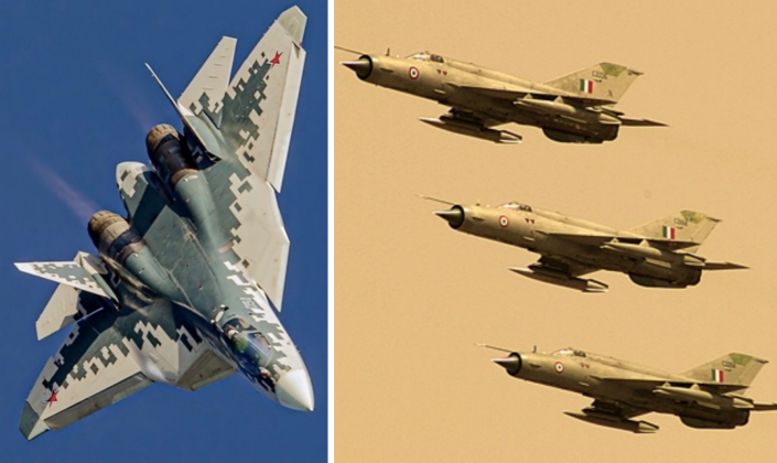 Chiến đấu cơ Su-57 (trái) và MiG-21 của Không quân Ấn Độ. Ảnh: MW.