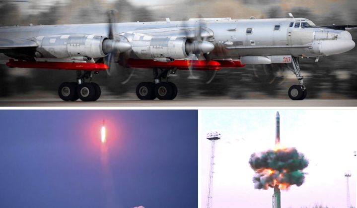 Máy bay ném bom Tu-95MS, các tên lửa R-29RMU và Yars trong quá trình tập trận. Ảnh: MW.