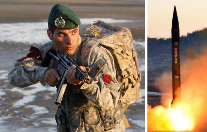 Hình ảnh một lính thủy đánh bộ Iran và một vụ phóng tên lửa Hwasong-7 của Triều Tiên. Ảnh: MW.