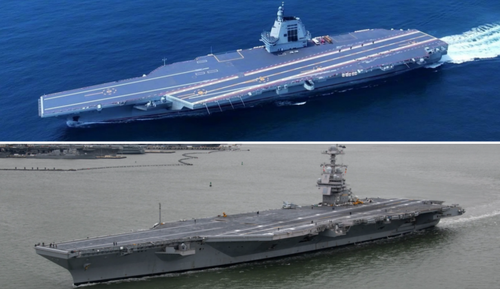 Siêu tàu sân bay Phúc Kiến của Trung Quốc (trên) và tàu sân bay USS Gerald Ford của Mỹ. Ảnh: MW.