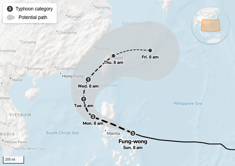 Đường đi dự kiến của siêu bão Fung-wong. Ảnh: Reuters.