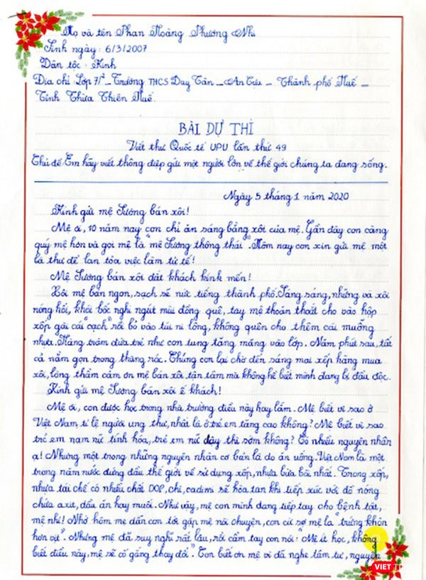 Bức thư đạt Giải Nhất của Phan Hoàng Phương Chi.