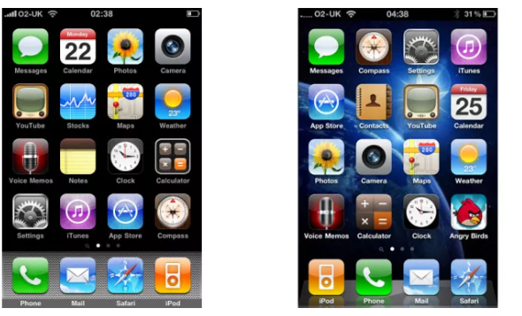 Skeuomorphism trong iPhone OS 3 (trái) và iOS 4 (phải) Skeuomorphism trong iPhone OS 3 (trái) và iOS 4 (phải)