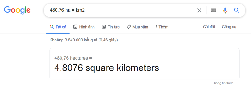 Đổi đơn vị trực tiếp trên Google Search. Ảnh: Google. Đổi đơn vị trực tiếp trên Google Search. Ảnh: Google.