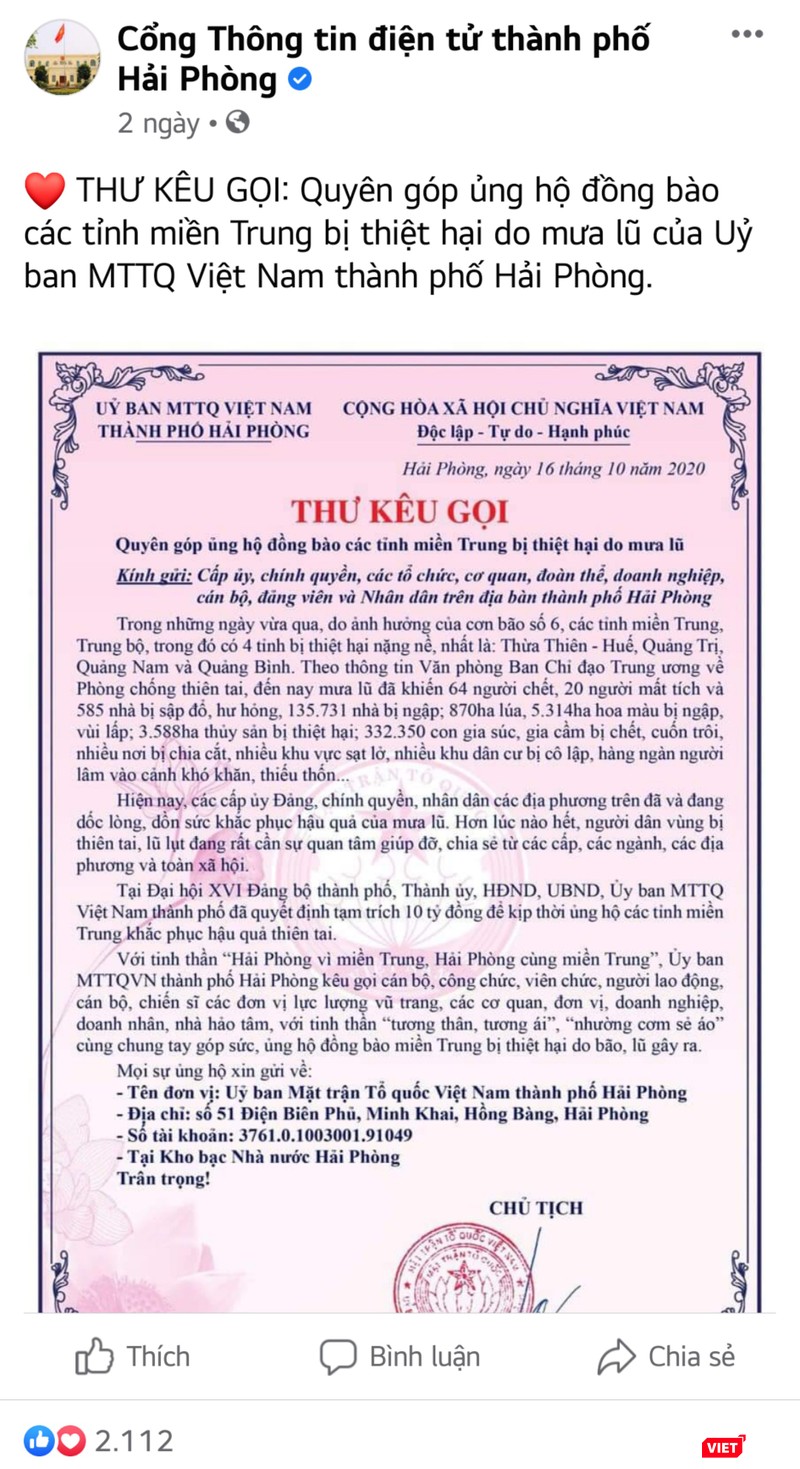 TP. Hải Phòng kêu gọi quyên góp ủng hộ đồng bào miền Trung. TP. Hải Phòng kêu gọi quyên góp ủng hộ đồng bào miền Trung.