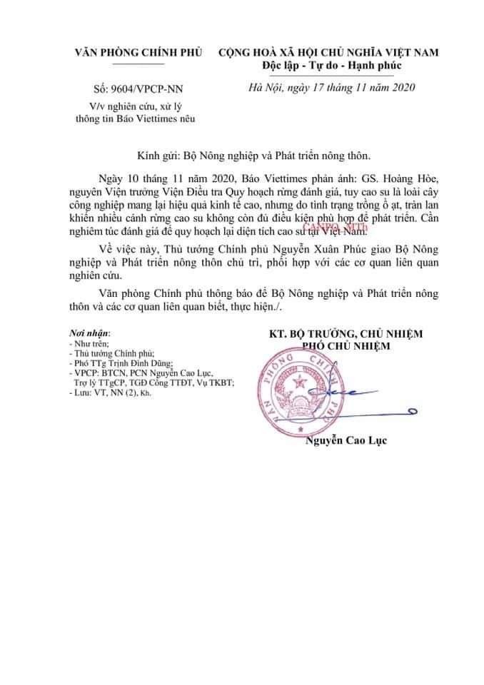 Công văn Thủ tướng Chính phủ gửi Bộ Nông nghiệp và Phát triển Nông thôn.