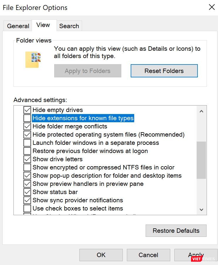 Điều chỉnh mở rộng tệp trong tab File Explorer Option.