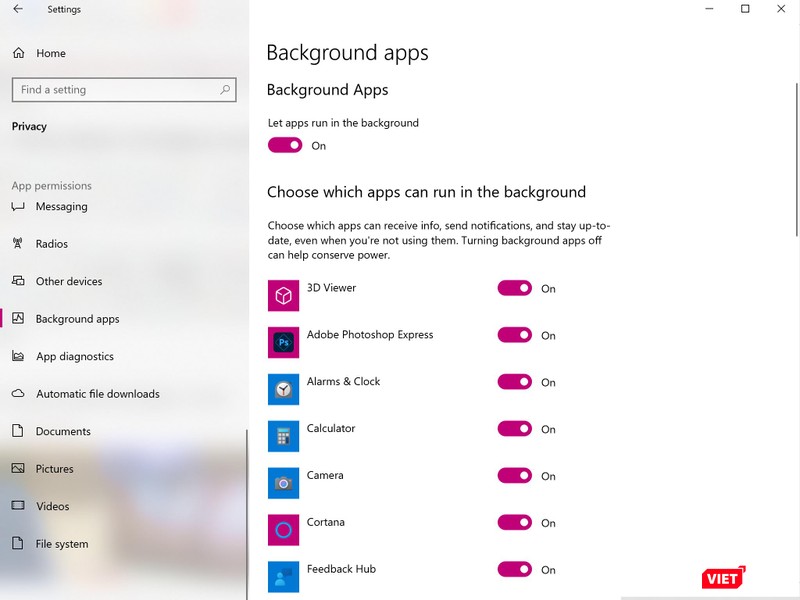 Thiết lập các ứng dụng chạy nền trên Windows 10.