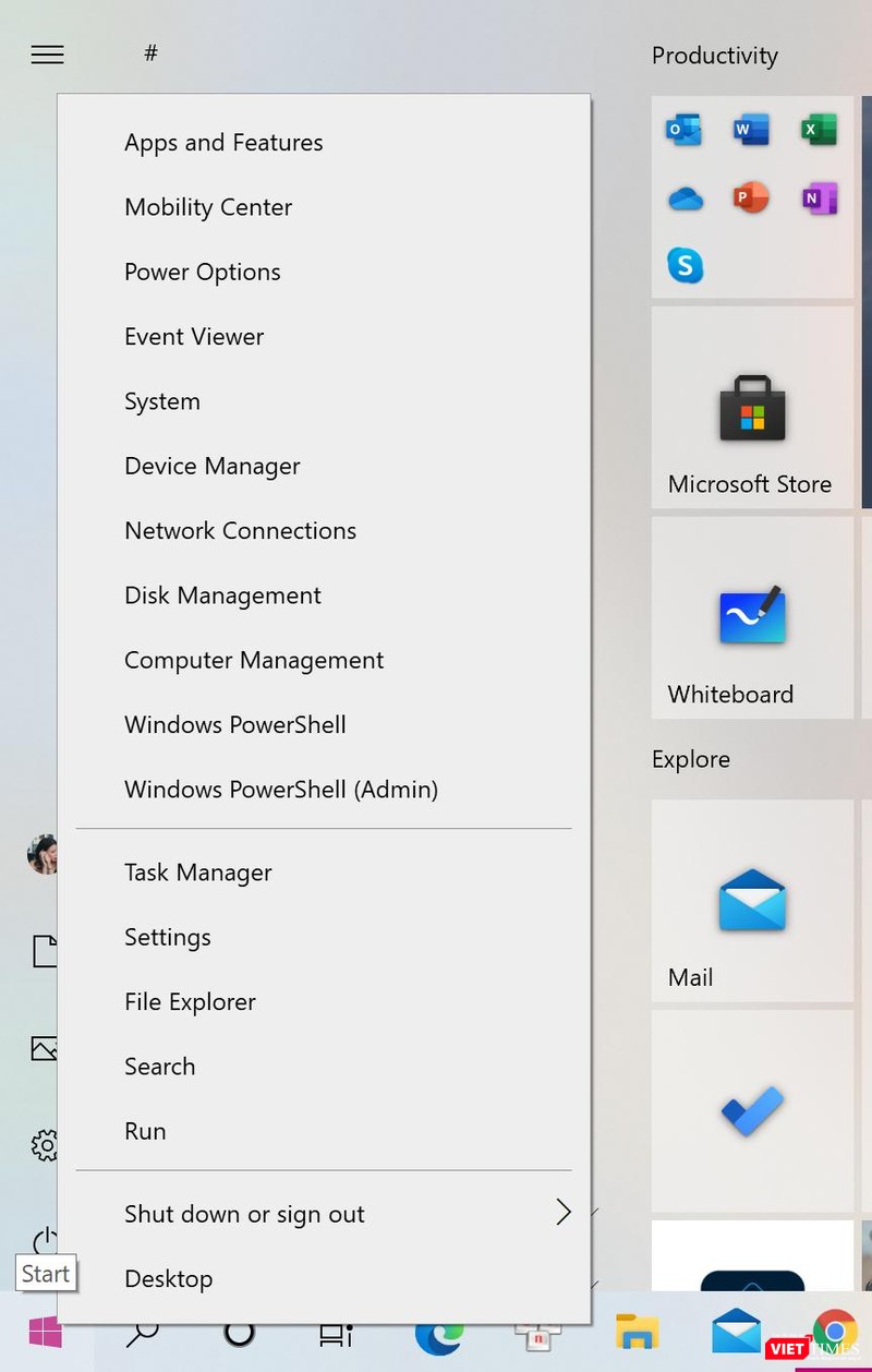 Thanh menu ẩn trong nút Start.