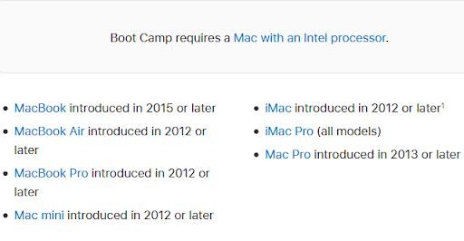 Danh sách các dòng máy Mac hỗ trợ chạy Windows 10 qua Boot Camp. Ảnh: Apple.