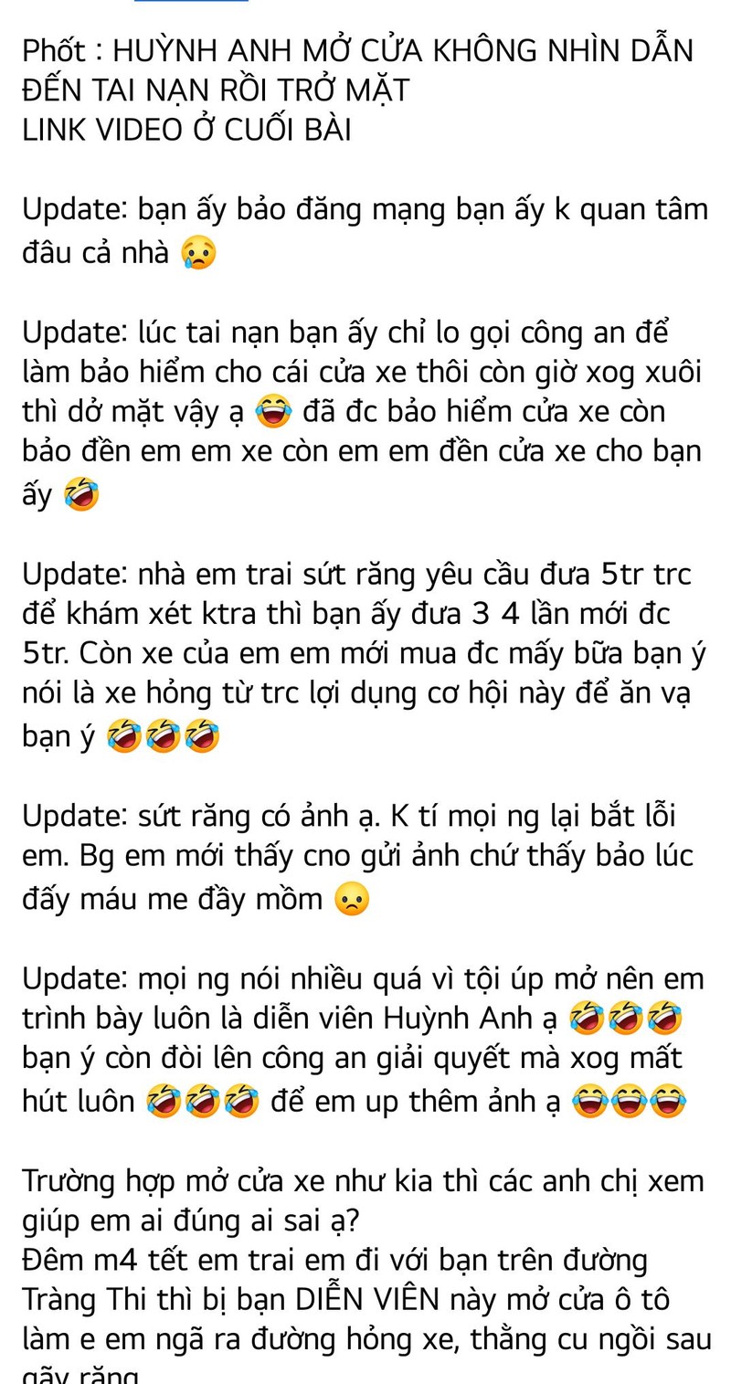Bài post tố Huỳnh Anh. Ảnh chụp màn hình.