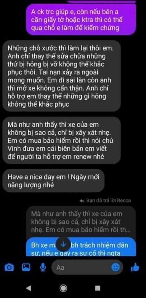 Đoạn tin nhắn giữa Huỳnh Anh và người bị va chạm.