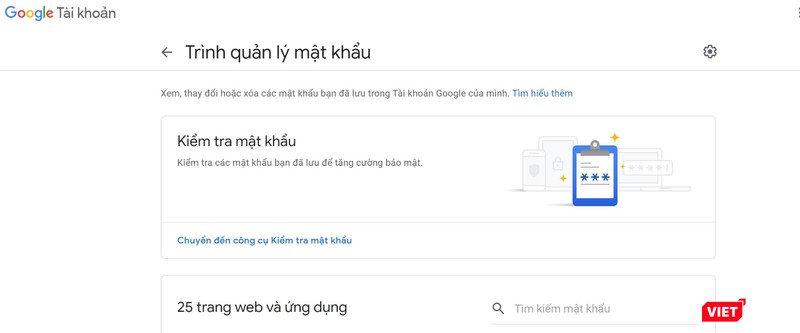 Trình quản lý mật khẩu của Google. Ảnh chụp màn hình